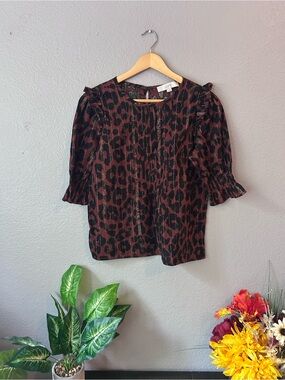 LOFT Brown and Black Leopard Print Short Sleeve Blouse Size XS